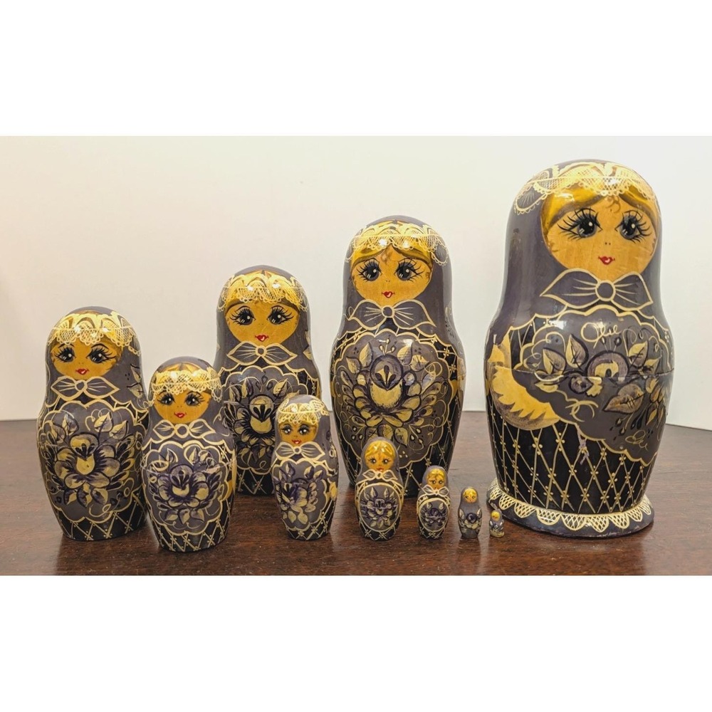 1993 Russian Sergiev Posad Matryoshka Nesting Dolls Set of 10 Signed 8"